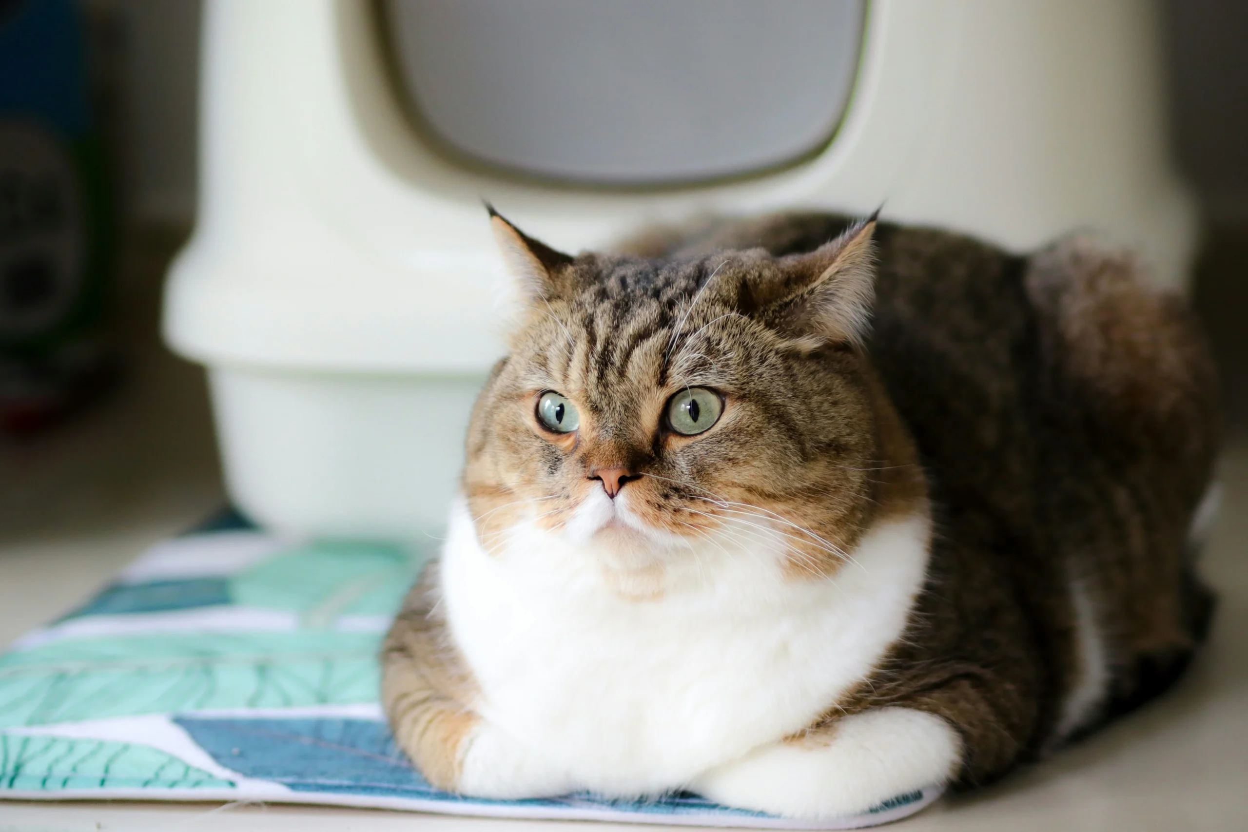 A tabby cat rests in a loaf position on a small mat.